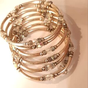 Beautiful Multilayers Bangle With Tubular Pieces And Bids.silver Tone